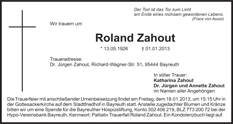  Traueranzeige für Roland Zahout vom 15.01.2013 aus Nordbayerischer Kurier
