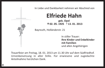 Anzeige von Elfriede Hahn von Nordbayerischer Kurier