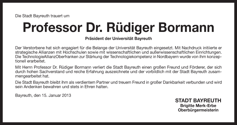  Traueranzeige für Rüdiger Bormann vom 15.01.2013 aus Nordbayerischer Kurier