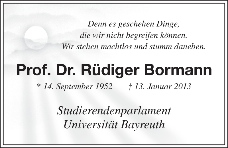  Traueranzeige für Rüdiger Bormann vom 16.01.2013 aus Nordbayerischer Kurier