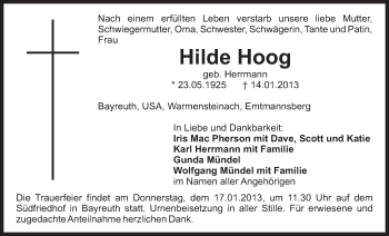 Anzeige von Hilde Hoog von Nordbayerischer Kurier
