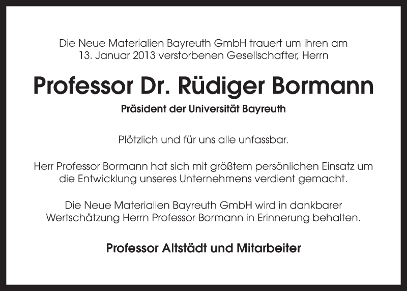  Traueranzeige für Rüdiger Bormann vom 16.01.2013 aus Nordbayerischer Kurier