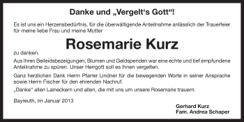 Anzeige von Rosemarie Kurz von Nordbayerischer Kurier