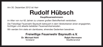 Anzeige von Rudolf Hübsch von Nordbayerischer Kurier
