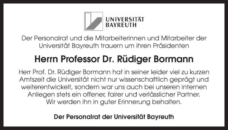  Traueranzeige für Rüdiger Bormann vom 18.01.2013 aus Nordbayerischer Kurier