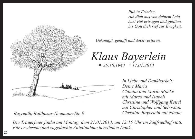  Traueranzeige für Klaus Bayerlein vom 18.01.2013 aus Nordbayerischer Kurier