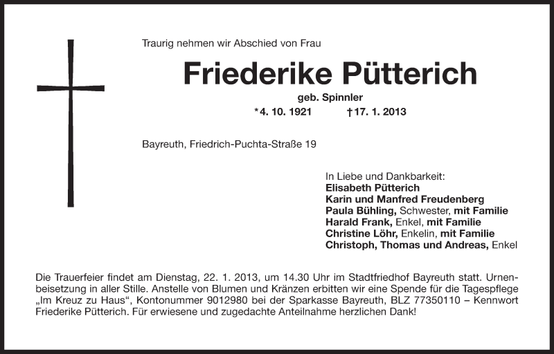  Traueranzeige für Friederike Pütterich vom 19.01.2013 aus Nordbayerischer Kurier