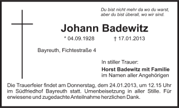 Anzeige von Johann Badewitz von Nordbayerischer Kurier