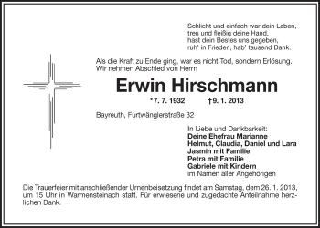 Anzeige von Erwin Hirschmann von Nordbayerischer Kurier