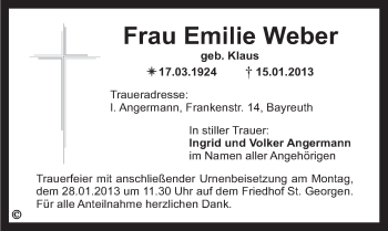 Anzeige von Emilie Weber von Nordbayerischer Kurier