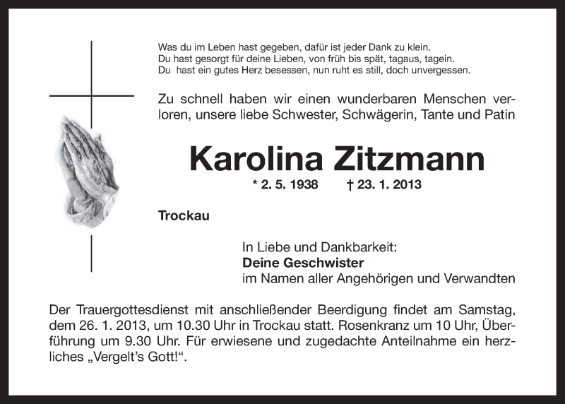  Traueranzeige für Karolina Zitzmann vom 25.01.2013 aus Nordbayerischer Kurier