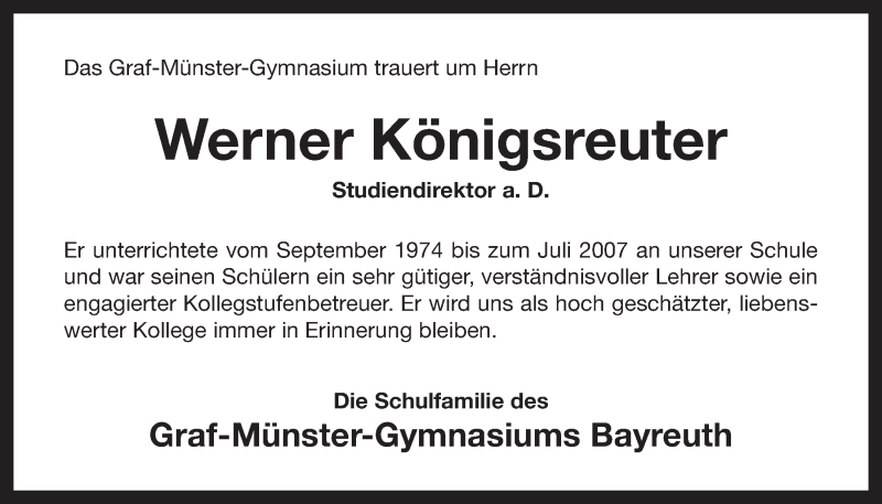  Traueranzeige für Werner Königsreuter vom 25.01.2013 aus Nordbayerischer Kurier