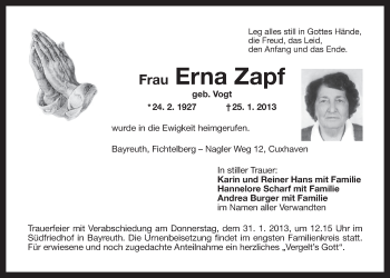 Anzeige von Erna Zapf von Nordbayerischer Kurier