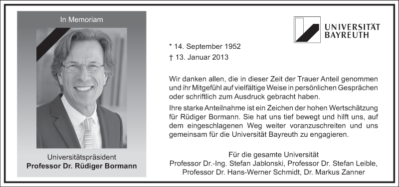 Traueranzeige für Rüdiger Bormann vom 29.01.2013 aus Nordbayerischer Kurier