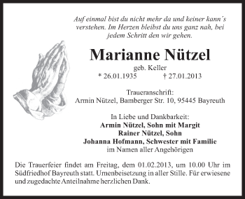 Anzeige von Marianne Nützel von Nordbayerischer Kurier