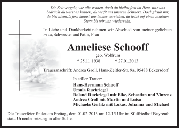 Anzeige von Anneliese Schooff von Nordbayerischer Kurier