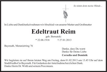 Anzeige von Edeltraud Reim von Nordbayerischer Kurier