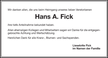 Anzeige von Hans Fick von Nordbayerischer Kurier