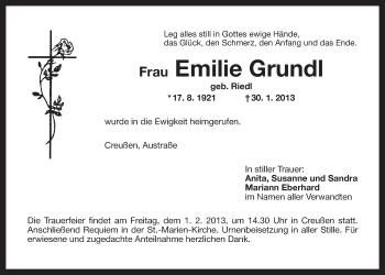 Anzeige von Emilie Grundl von Nordbayerischer Kurier