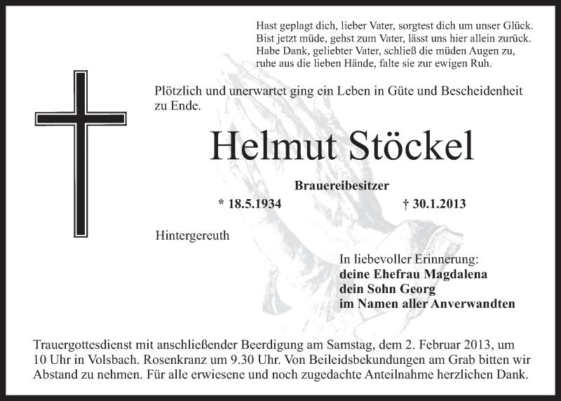  Traueranzeige für Helmut Stöckel vom 01.02.2013 aus Nordbayerischer Kurier