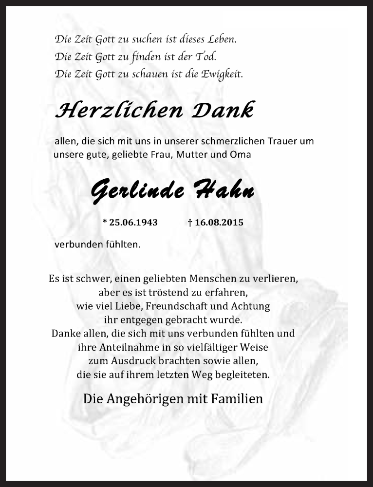  Traueranzeige für Gerlinde Hahn vom 29.08.2015 aus Nordbayerischer Kurier