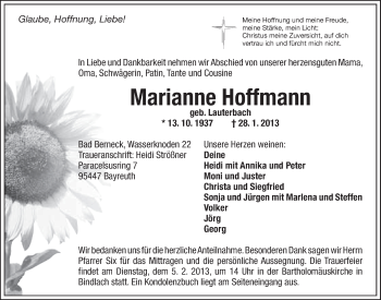 Anzeige von Marianne Hoffmann von Nordbayerischer Kurier