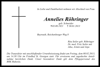 Anzeige von Annelies Röhringer von Nordbayerischer Kurier