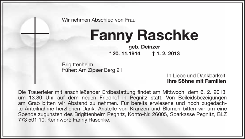  Traueranzeige für Fanny Raschke vom 02.02.2013 aus Nordbayerischer Kurier