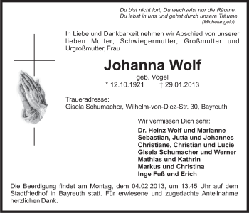 Anzeige von Johanna Wolf von Nordbayerischer Kurier