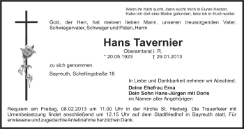 Anzeige von Hans Tavernier von Nordbayerischer Kurier