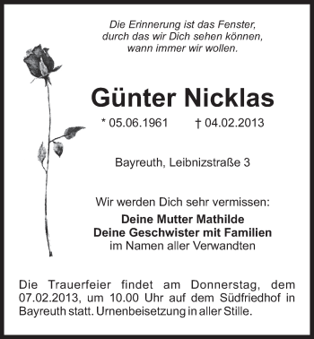 Anzeige von Günter Nicklas von Nordbayerischer Kurier