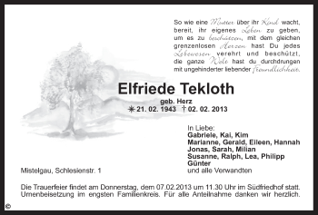 Anzeige von Elfriede Tekloth von Nordbayerischer Kurier