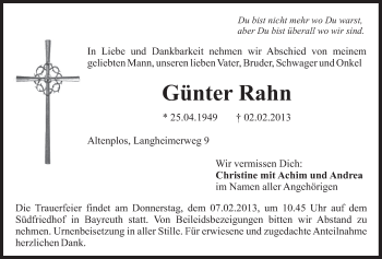 Anzeige von Günter Rahn von Nordbayerischer Kurier