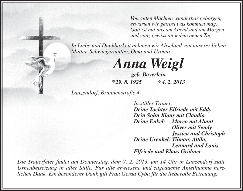  Traueranzeige für Anna Weigl vom 06.02.2013 aus Nordbayerischer Kurier