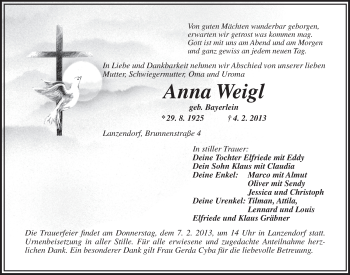 Anzeige von Anna Weigl von Nordbayerischer Kurier