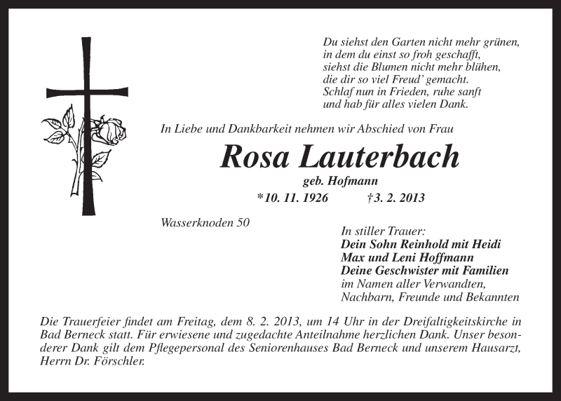 Traueranzeigen von Rosa Lauterbach Nordbayerischer Kurier