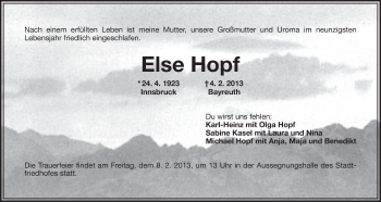 Anzeige von Else Hopf von Nordbayerischer Kurier