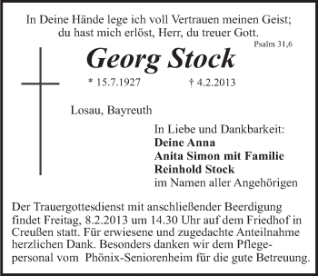 Anzeige von Georg Stock von Nordbayerischer Kurier