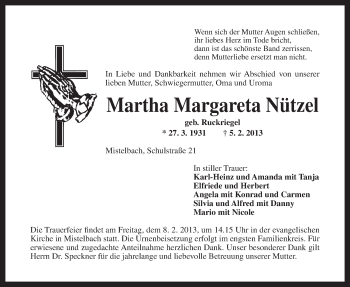 Anzeige von Martha Margareta Nützel von Nordbayerischer Kurier