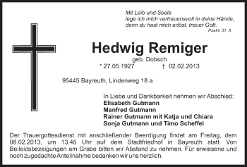 Anzeige von Hedwig Remiger von Nordbayerischer Kurier