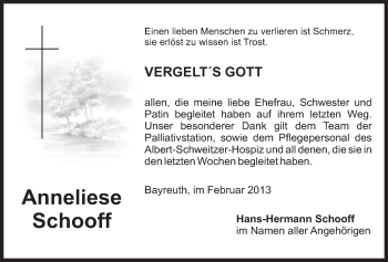 Anzeige von Anneliese Schooff von Nordbayerischer Kurier