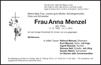 Anzeige von Anna Menzel von Nordbayerischer Kurier