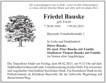 Anzeige von Friedel Bauske von Nordbayerischer Kurier