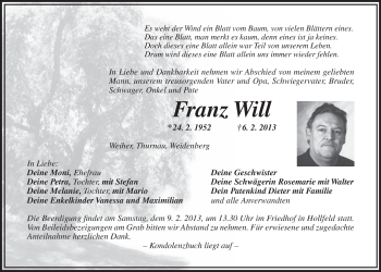 Anzeige von Franz Will von Nordbayerischer Kurier