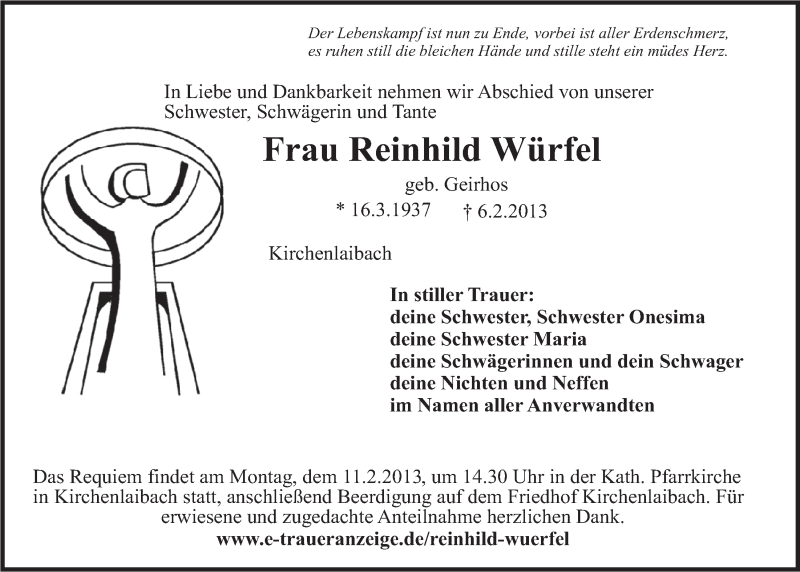  Traueranzeige für Reinhild Würfel vom 08.02.2013 aus Nordbayerischer Kurier
