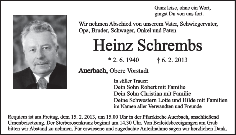  Traueranzeige für Heinz Schrembs vom 09.02.2013 aus Nordbayerischer Kurier