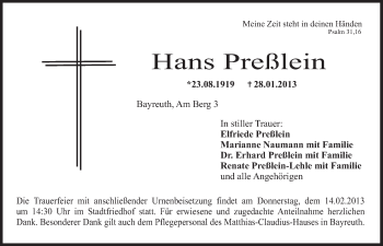 Anzeige von Hans Preßlein von Nordbayerischer Kurier