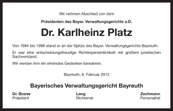 Anzeige von Karlheinz Platz von Nordbayerischer Kurier