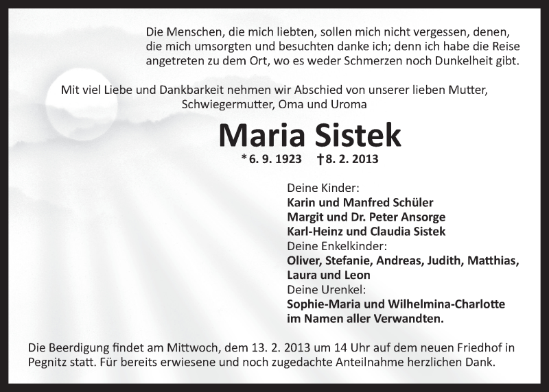  Traueranzeige für Maria Sistek vom 11.02.2013 aus Nordbayerischer Kurier
