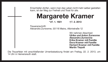 Anzeige von Margarete Kramer von Nordbayerischer Kurier